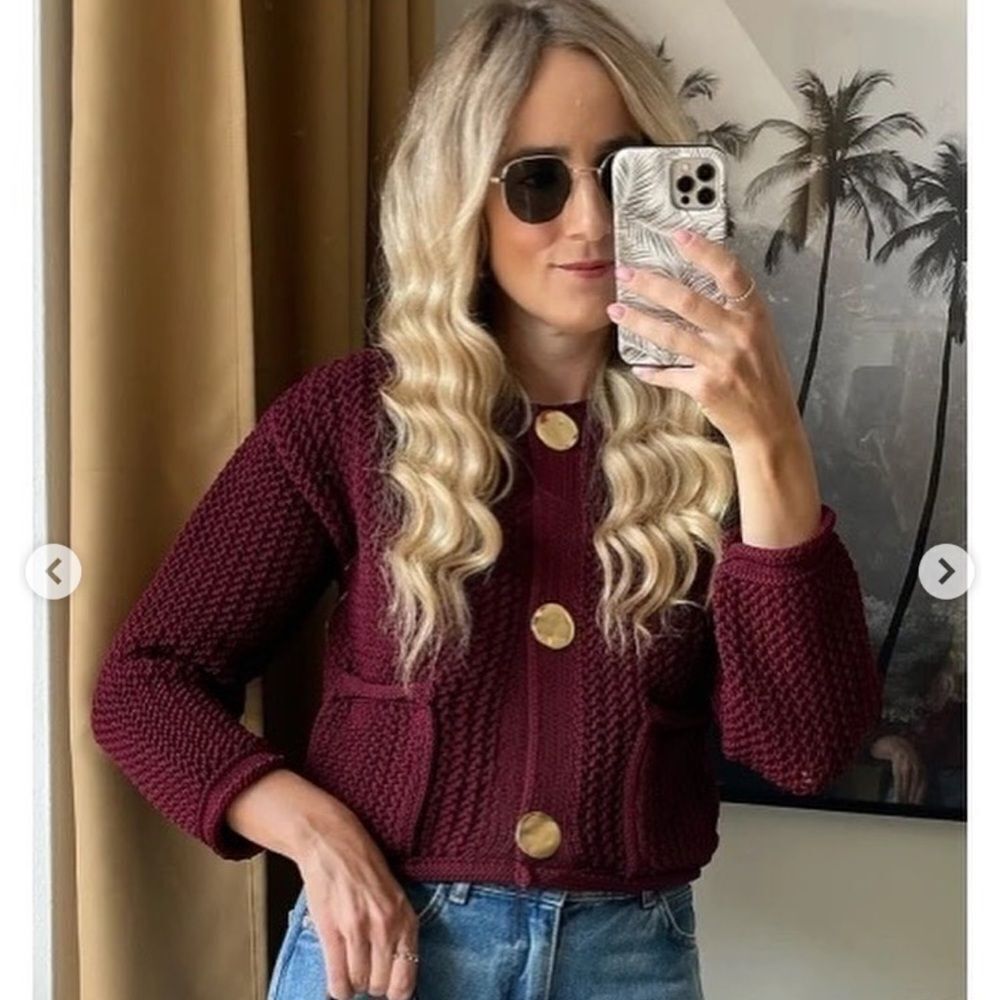 Zara chunky knit cardigan in burgundy - Picture 6 of 16